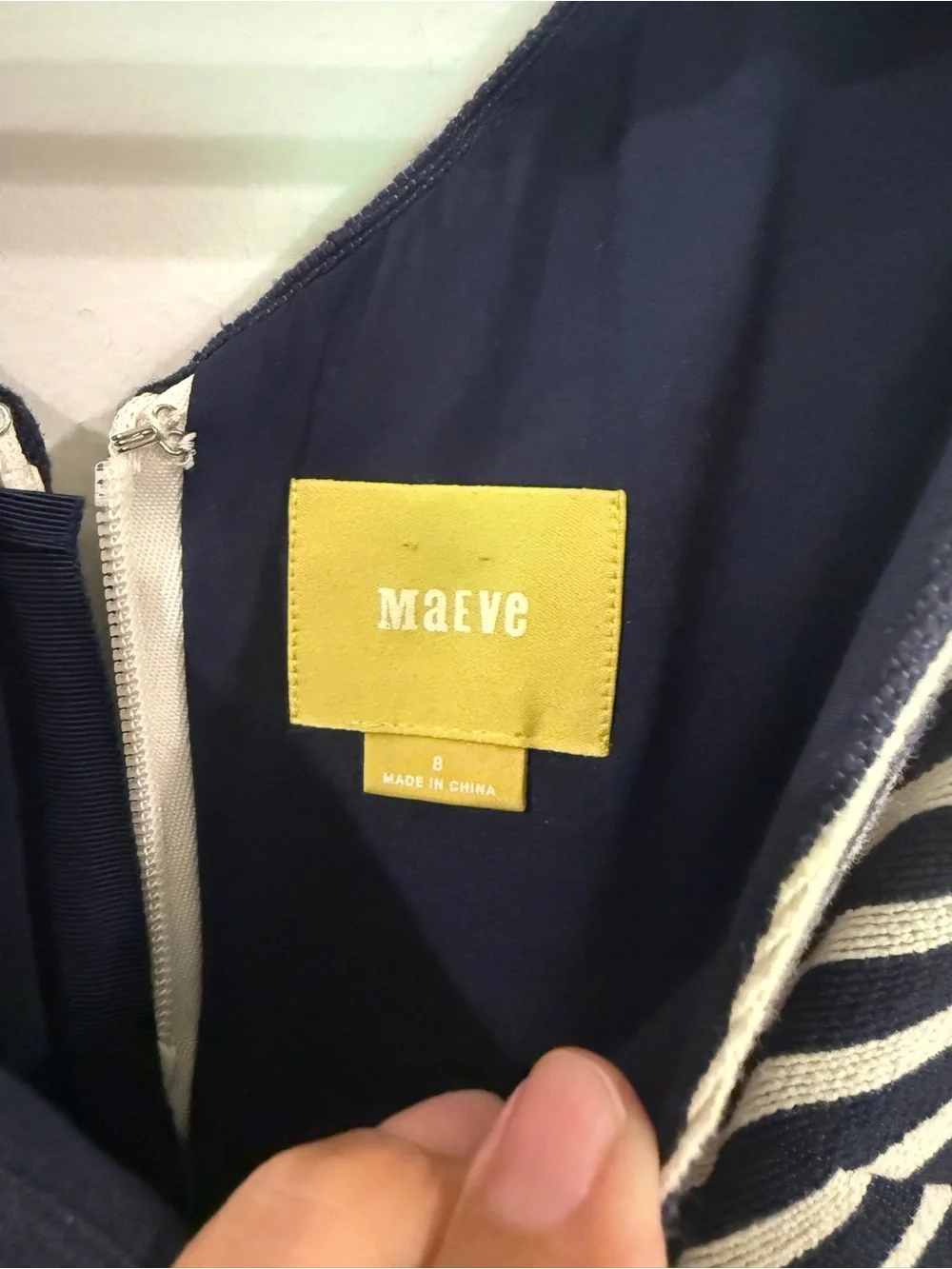 Anthropologie Maeve Navy and White Striped V-Neck Fit & Flare Dress